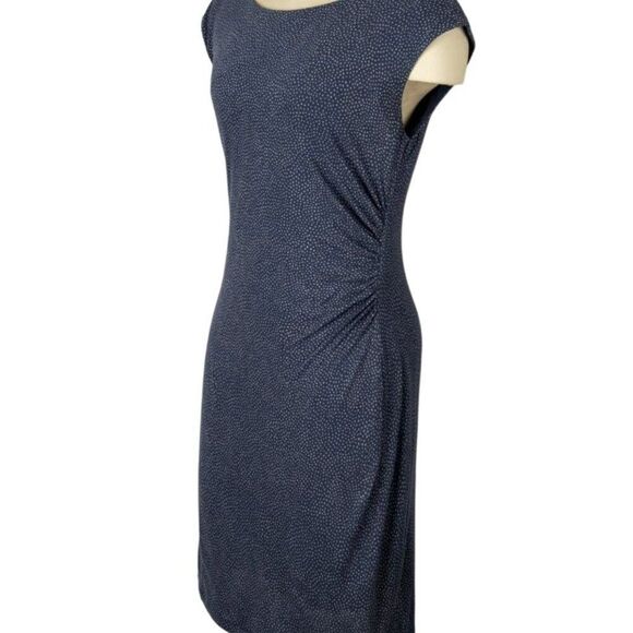 LOFT Slate Blue Shift Dress with Ruching, Small Geometric Pattern, medium tall - Picture 1 of 10